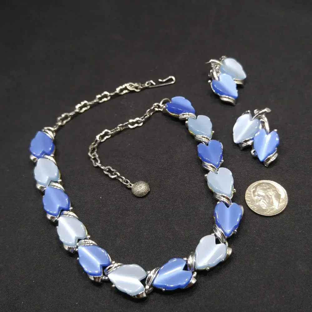 1960s Blue Lucite Leaf Necklace & Clip On Earrings Set Silver Tone Vintage